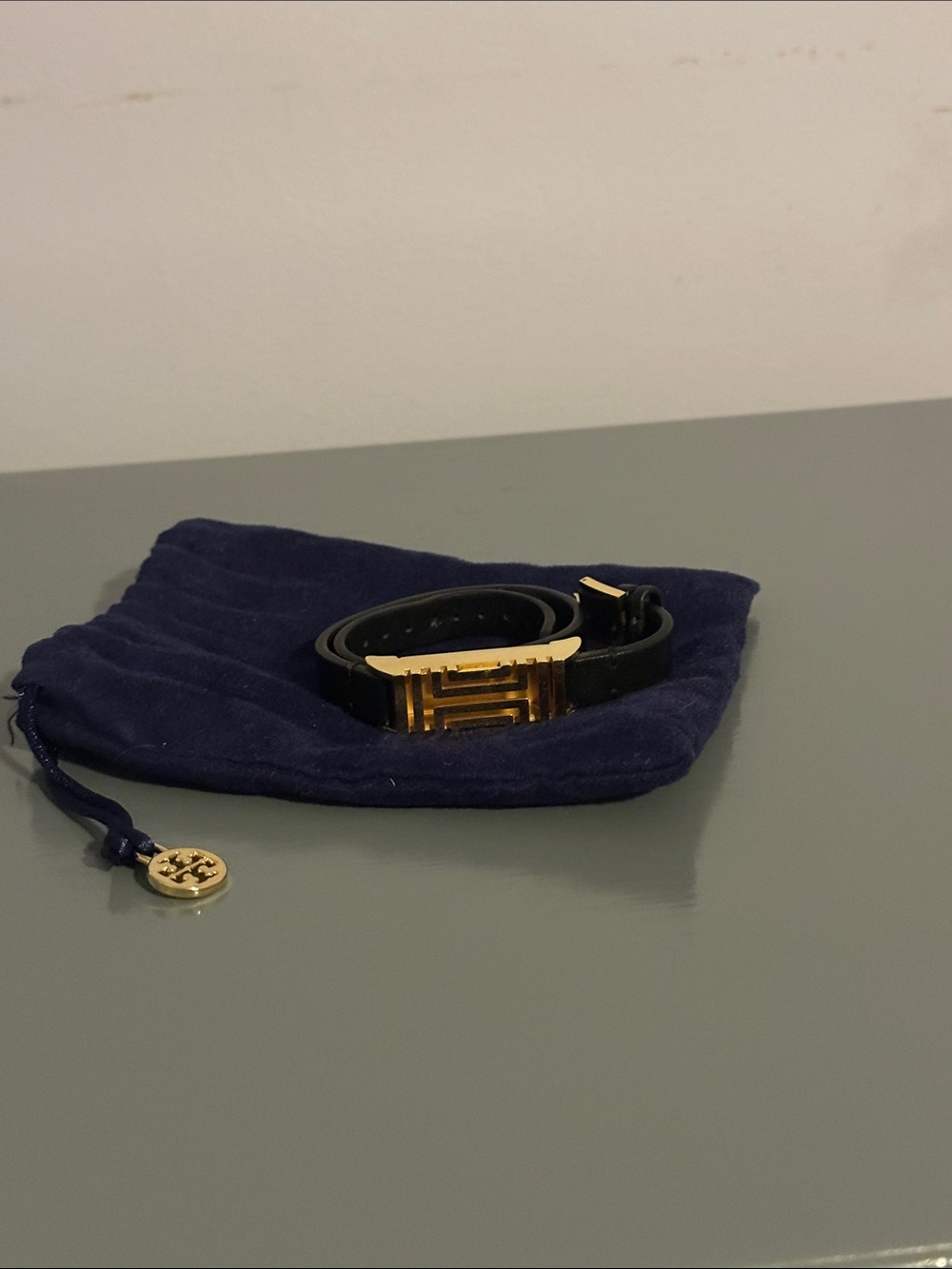 Tory Burch Black Leather FitBit Bracelet with Gold Plate